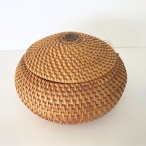 Vintage Handwoven Rattan Lidded Basket, Vietnam, 7x11”